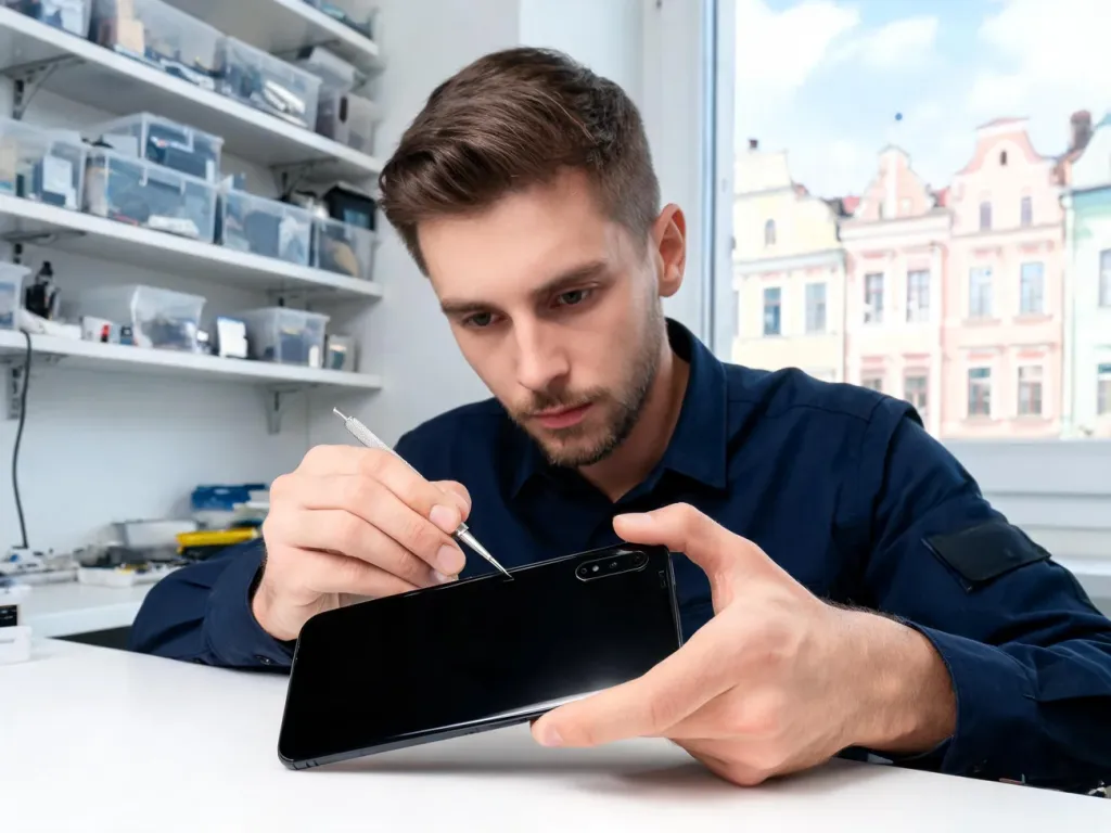 Technik w poznańskim serwisie dokładnie sprawdza smartfon, podkreślając profesjonalną i godną zaufania naprawę.
