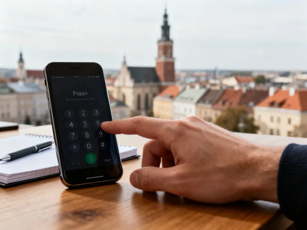 Dłoń wybierająca międzynarodowy numer na smartfonie na biurku, w tle panorama Poznania, no text on the picture